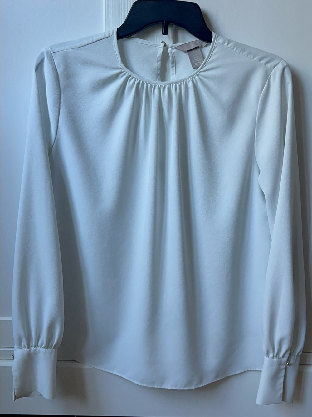 H&M White Gathered-Neck Long Sleeve Blouse